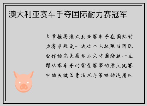 澳大利亚赛车手夺国际耐力赛冠军